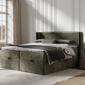 Boxspringbed met hoofdeinde van chenillestof – Passion – matras en dekmatras – 140×200 cm – olijfgroen