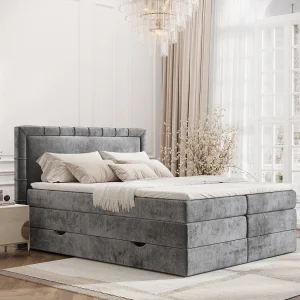 Boxspringbed met hoofdeinde van chenillestof – Rosabel – matras en dekmatras – 200×200 cm – grijs Boxspringbed met hoofdeinde van chenillestof – Rosabel – matras en dekmatras – 200×200 cm – grijs