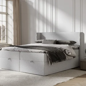 Boxspringbed met hoofdeinde van geweven stof – Passion – matras en dekmatras – 140×200 cm – lichtgrijs