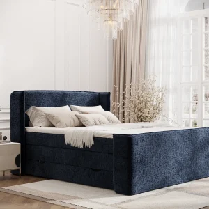 Boxspringbed met hoofdeinde van chenillestof – Freeland – matras en dekmatras – 160×200 cm – marineblauw Boxspringbed met hoofdeinde van chenillestof – Freeland – matras en dekmatras – 160×200 cm – marineblauw