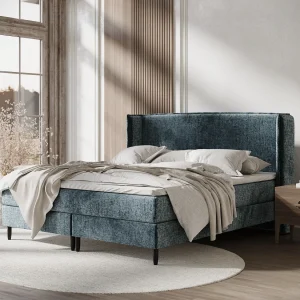 Boxspringbed met hoofdeinde van chenillestof – Ardis – matras en dekmatras – 140×200 cm – blauw Boxspringbed met hoofdeinde van chenillestof – Ardis – matras en dekmatras – 140×200 cm – blauw