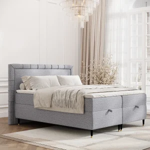 Boxspringbed met hoofdeinde van geweven stof – Voyage – matras en dekmatras – 160×200 cm – grijs