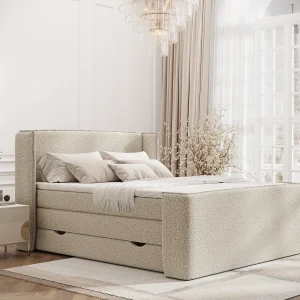 Boxspringbed met hoofdeinde van bouclestof – Freeland – matras en dekmatras – 200×200 cm – beige Boxspringbed met hoofdeinde van bouclestof – Freeland – matras en dekmatras – 200×200 cm – beige