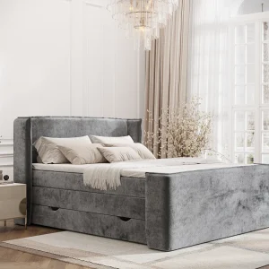 Boxspringbed met hoofdeinde van chenillestof – Freeland – matras en dekmatras – 160×200 cm – grijs Boxspringbed met hoofdeinde van chenillestof – Freeland – matras en dekmatras – 160×200 cm – grijs
