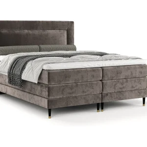 Boxspringbed met hoofdeinde van chenillestof – Madame – matras en dekmatras – 180×200 cm – bruin