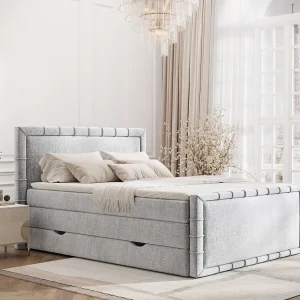Boxspringbed met hoofdeinde van chenillestof – Estelle – matras en dekmatras – 200×200 cm – lichtgrijs Boxspringbed met hoofdeinde van chenillestof – Estelle – matras en dekmatras – 200×200 cm – lichtgrijs
