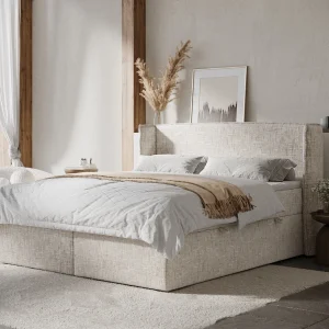 Boxspringbed met hoofdeinde van geweven stof – Skyline – matras en dekmatras – 140×200 cm – creme Boxspringbed met hoofdeinde van geweven stof – Skyline – matras en dekmatras – 140×200 cm – creme