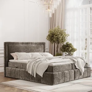 Boxspringbed met hoofdeinde van chenillestof – Sundown – matras en dekmatras – 200×200 cm – bruin Boxspringbed met hoofdeinde van chenillestof – Sundown – matras en dekmatras – 200×200 cm – bruin