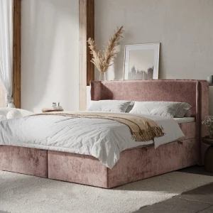 Boxspringbed met hoofdeinde van chenillestof – Skyline – matras en dekmatras – 140×200 cm – roze Boxspringbed met hoofdeinde van chenillestof – Skyline – matras en dekmatras – 140×200 cm – roze