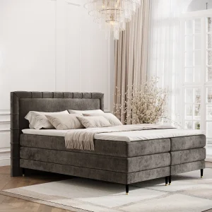 Boxspringbed met hoofdeinde van chenillestof – Rimini – matras en dekmatras – 140×200 cm – bruin Boxspringbed met hoofdeinde van chenillestof – Rimini – matras en dekmatras – 140×200 cm – bruin