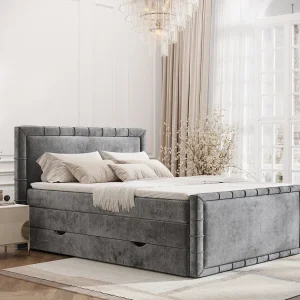 Boxspringbed met hoofdeinde van chenillestof – Estelle – matras en dekmatras – 140×200 cm – grijs