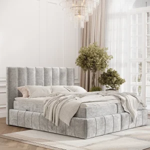 Boxspringbed met hoofdeinde van chenillestof – Moretti – matras en dekmatras – 160×200 cm – lichtgrijs Boxspringbed met hoofdeinde van chenillestof – Moretti – matras en dekmatras – 160×200 cm – lichtgrijs