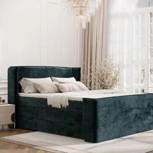 Boxspringbed met hoofdeinde van chenillestof – Freeland – matras en dekmatras – 140×200 cm – blauwgroen Boxspringbed met hoofdeinde van chenillestof – Freeland – matras en dekmatras – 140×200 cm – blauwgroen
