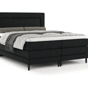 Boxspringbed met hoofdeinde van geweven stof – Madame – matras en dekmatras – 140×200 cm – zwart