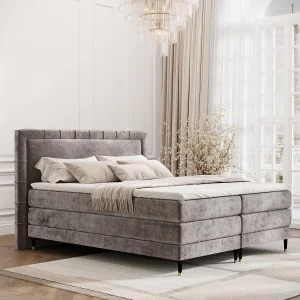 Boxspringbed met hoofdeinde van chenillestof – Rimini – matras en dekmatras – 160×200 cm – beige