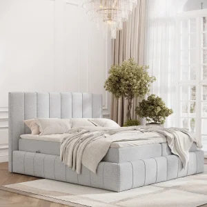 Boxspringbed met hoofdeinde van geweven stof – Moretti – matras en dekmatras – 180×200 cm – lichtgrijs