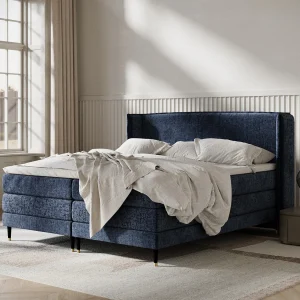 Boxspringbed met hoofdeinde van chenillestof – Carizzo – matras en dekmatras – 200×200 cm – marineblauw
