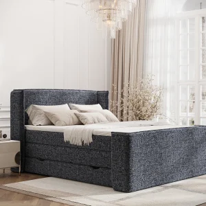 Boxspringbed met hoofdeinde van geweven stof – Freeland – matras en dekmatras – 180×200 cm – marineblauw Boxspringbed met hoofdeinde van geweven stof – Freeland – matras en dekmatras – 180×200 cm – marineblauw