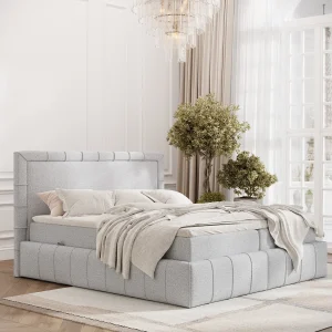 Boxspringbed met hoofdeinde van geweven stof – Sundown – matras en dekmatras – 200×200 cm – lichtgrijs