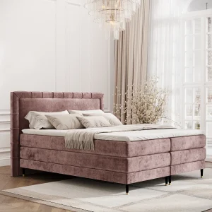 Boxspringbed met hoofdeinde van chenillestof – Rimini – matras en dekmatras – 200×200 cm – roze