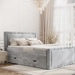 Boxspringbed met hoofdeinde van chenillestof – Estelle – matras en dekmatras – 180×200 cm – lichtgrijs Boxspringbed met hoofdeinde van chenillestof – Estelle – matras en dekmatras – 180×200 cm – lichtgrijs