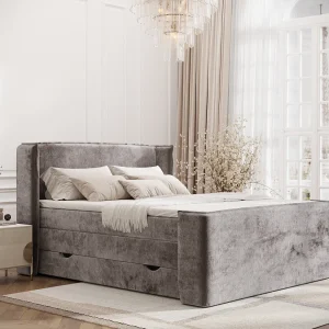 Boxspringbed met hoofdeinde van chenillestof – Freeland – matras en dekmatras – 200×200 cm – beige