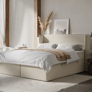 Boxspringbed met hoofdeinde van bouclestof – Skyline – matras en dekmatras – 160×200 cm – beige Boxspringbed met hoofdeinde van bouclestof – Skyline – matras en dekmatras – 160×200 cm – beige