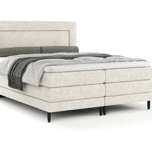 Boxspringbed met hoofdeinde van geweven stof – Madame – matras en dekmatras – 160×200 cm – creme