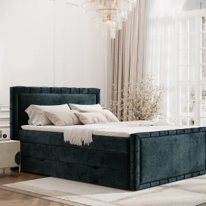 Boxspringbed met hoofdeinde van chenillestof – Estelle – matras en dekmatras – 180×200 cm – blauwgroen Boxspringbed met hoofdeinde van chenillestof – Estelle – matras en dekmatras – 180×200 cm – blauwgroen