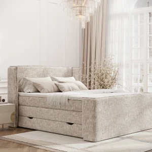 Boxspringbed met hoofdeinde van geweven stof – Freeland – matras en dekmatras – 160×200 cm – creme Boxspringbed met hoofdeinde van geweven stof – Freeland – matras en dekmatras – 160×200 cm – creme