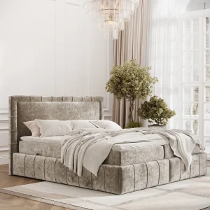 Boxspringbed met hoofdeinde van chenillestof – Sundown – matras en dekmatras – 180×200 cm – beige Boxspringbed met hoofdeinde van chenillestof – Sundown – matras en dekmatras – 180×200 cm – beige