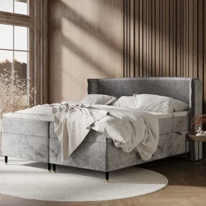Boxspringbed van chenillestof Segni – matras – topper matras – 180×200 cm – grijs Boxspringbed van chenillestof Segni – matras – topper matras – 180×200 cm – grijs