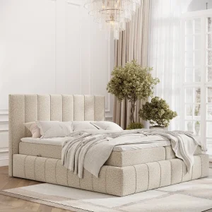 Boxspringbed met hoofdeinde van bouclestof – Moretti – matras en dekmatras – 140×200 cm – beige Boxspringbed met hoofdeinde van bouclestof – Moretti – matras en dekmatras – 140×200 cm – beige