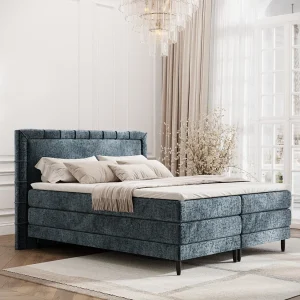 Boxspringbed met hoofdeinde van chenillestof – Rimini – matras en dekmatras – 140×200 cm – blauw Boxspringbed met hoofdeinde van chenillestof – Rimini – matras en dekmatras – 140×200 cm – blauw