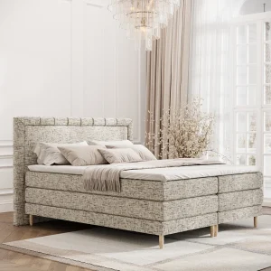 Boxspringbed met hoofdeinde van geweven stof – Rimini – matras en dekmatras – 140×200 cm – beige mélangé Boxspringbed met hoofdeinde van geweven stof – Rimini – matras en dekmatras – 140×200 cm – beige mélangé