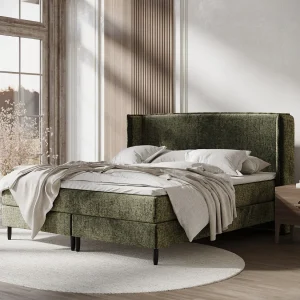 Boxspringbed met hoofdeinde van chenillestof – Ardis – matras en dekmatras – 160×200 cm – olijfgroen Boxspringbed met hoofdeinde van chenillestof – Ardis – matras en dekmatras – 160×200 cm – olijfgroen