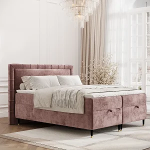 Boxspringbed met hoofdeinde van chenillestof – Voyage – matras en dekmatras – 200×200 cm – roze Boxspringbed met hoofdeinde van chenillestof – Voyage – matras en dekmatras – 200×200 cm – roze