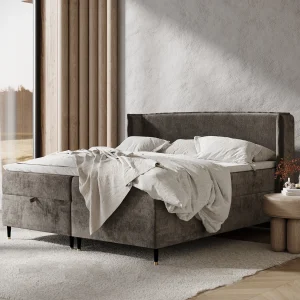 Boxspringbed met hoofdeinde van chenillestof – Monpelli – matras en dekmatras – 200×200 cm – bruin