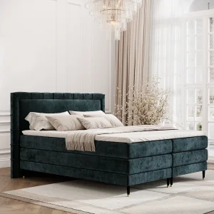 Boxspringbed met hoofdeinde van chenillestof – Rimini – matras en dekmatras – 140×200 cm – blauwgroen Boxspringbed met hoofdeinde van chenillestof – Rimini – matras en dekmatras – 140×200 cm – blauwgroen