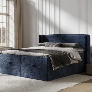 Boxspringbed met hoofdeinde van chenillestof – Passion – matras en dekmatras – 140×200 cm – marineblauw