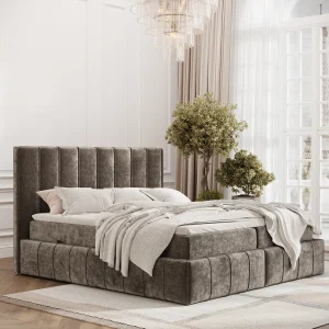 Boxspringbed met hoofdeinde van chenillestof – Moretti – matras en dekmatras – 180×200 cm – bruin Boxspringbed met hoofdeinde van chenillestof – Moretti – matras en dekmatras – 180×200 cm – bruin