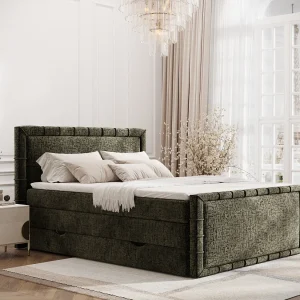 Boxspringbed met hoofdeinde van chenillestof – Estelle – matras en dekmatras – 180×200 cm – olijfgroen Boxspringbed met hoofdeinde van chenillestof – Estelle – matras en dekmatras – 180×200 cm – olijfgroen
