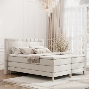 Boxspringbed met hoofdeinde van geweven stof – Rimini – matras en dekmatras – 160×200 cm – beige Boxspringbed met hoofdeinde van geweven stof – Rimini – matras en dekmatras – 160×200 cm – beige