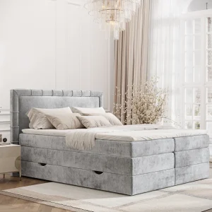 Boxspringbed met hoofdeinde van chenillestof – Rosabel – matras en dekmatras – 200×200 cm – lichtgrijs Boxspringbed met hoofdeinde van chenillestof – Rosabel – matras en dekmatras – 200×200 cm – lichtgrijs