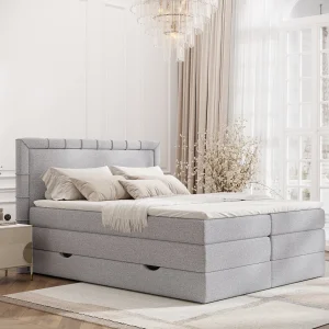 Boxspringbed met hoofdeinde van geweven stof – Rosabel – matras en dekmatras – 180×200 cm – lichtgrijs Boxspringbed met hoofdeinde van geweven stof – Rosabel – matras en dekmatras – 180×200 cm – lichtgrijs