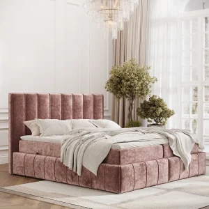 Boxspringbed met hoofdeinde van chenillestof – Moretti – matras en dekmatras – 140×200 cm – roze Boxspringbed met hoofdeinde van chenillestof – Moretti – matras en dekmatras – 140×200 cm – roze