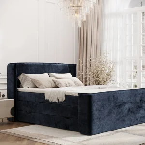 Boxspringbed met hoofdeinde van chenillestof – Freeland – matras en dekmatras – 200×200 cm – marineblauw Boxspringbed met hoofdeinde van chenillestof – Freeland – matras en dekmatras – 200×200 cm – marineblauw