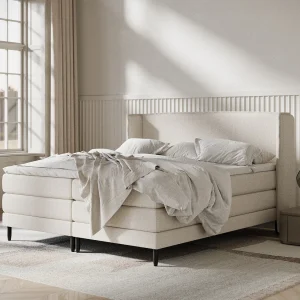 Boxspringbed met hoofdeinde van geweven stof – Carizzo – matras en dekmatras – 200×200 cm – beige Boxspringbed met hoofdeinde van geweven stof – Carizzo – matras en dekmatras – 200×200 cm – beige