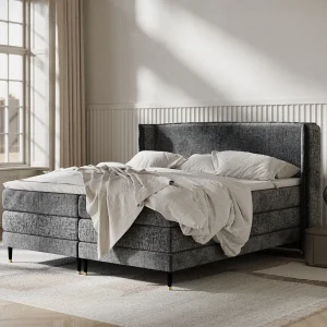 Boxspringbed met hoofdeinde van chenillestof – Carizzo – matras en dekmatras – 200×200 cm – grafiet