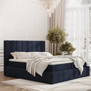 Boxspringbed met hoofdeinde van geweven stof – Moretti – matras en dekmatras – 160×200 cm – marineblauw Boxspringbed met hoofdeinde van geweven stof – Moretti – matras en dekmatras – 160×200 cm – marineblauw